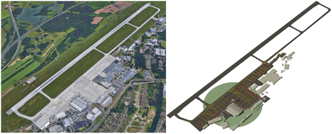 (Links) Bild von DRS, (Rechts) 3D Modell des Dresdner Flughafens rekonstruiert in AutoCAD.