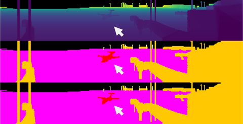 Range-image Projektion (oben), abgeleitete Label (Mitte), tatsächliche Label (unten) eines ankommenden Flugzeugs Q400 (weißer Pfeil). 
