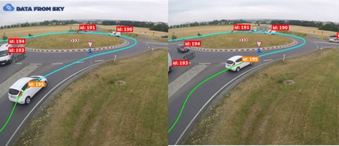 Das Bild zeigt, wie die Software „Data From Sky“  die Videoaufnahmen des fließenden Verkehrs analysiert.