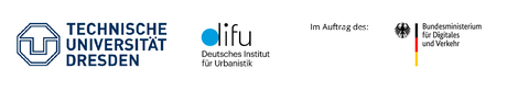Dieses Bild zeigt folgende Logos: Technische Universität Dresden, Deutsches Institut für Urbanistik (Difu), Im Auftrag des: Bundesministerium für Digitales und Verkehr