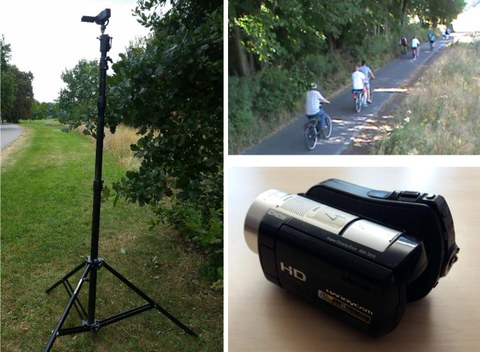 This image is made up of three pictures: a digital camera on a tall tripod, a close up of a digital camera on a table, and an image of a full bike path being filmed with a digital camera.