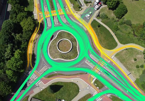 Trajektorien Verkehrsteilnehmender an einem Turbokreisverkehr