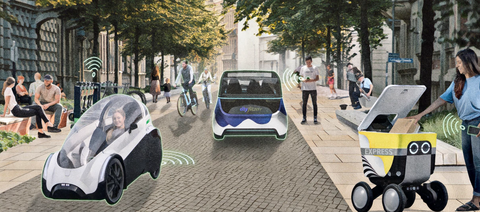 This picture shows a transformed street with automated vehicles and services.