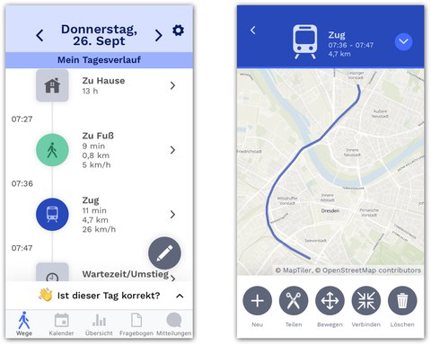 Das Bild zeigt, wie die App „TravelVu“ die Wege und Aktivitäten im Tagesverlauf aufzeichnet. 