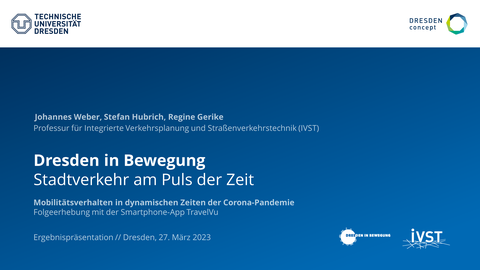 Das Bild zeigt die Titelfolie der Ergebnispräsentation von "Dresden in Bewegung – Stadtverkehr am Puls der Zeit".