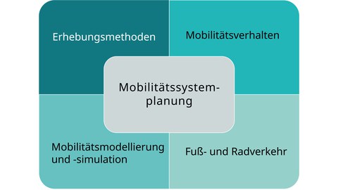 Die Abbildung zeigt die vier Forschungsfelder der Professur