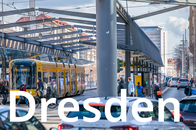 Bild von der Innenstadt Dresdens mit dem Schriftzug "Dresden"