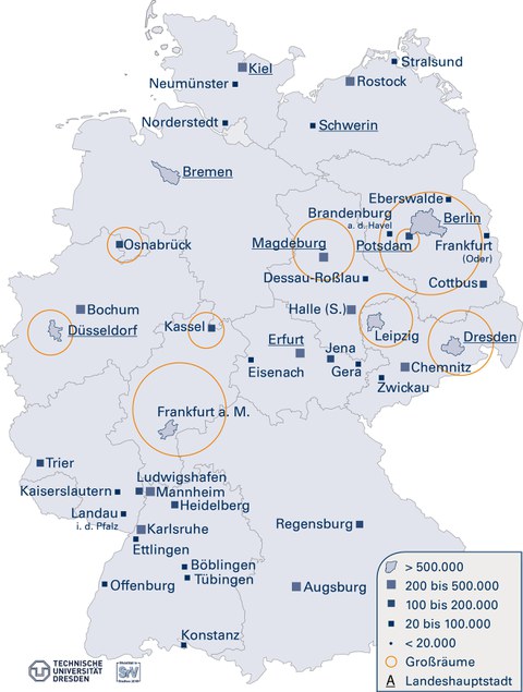 Die Grafik zeigt eine Deutschlandkarte, in der die Lage von allen SrV-Städten und Untersuchungsräumen markiert und beschriftet ist.