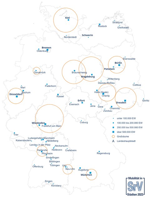 Die Grafik zeigt eine Deutschlandkarte, in der die Lage der SrV-Städte und Untersuchungsräume markiert und beschriftet ist.