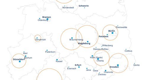 Die Grafik zeigt eine Vorschau der Karte, in der die Lage der SrV-Städte und Untersuchungsräume markiert und beschriftet ist.