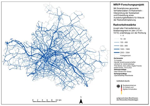 Karte der Radverkehrsstärken der LH Dresden