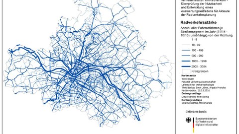 Karte der Radverkehrsstärken der LH Dresden