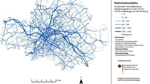 GIS-Karte zu Radverkehrsstärken in Dresden