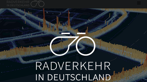 Coverbild der Plattform Radverkehr in Deutschland, mittig sieht man dasPiktogramm eines Fahrrads und weiße Schrift: Radverkehr in Deutschland, Heatmap von einem Radverkehrsnetz mit dunkelblauem Hintergrund und weiß bis roten Einfärbungen