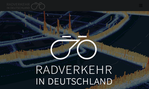 Coverbild der Plattform Radverkehr in Deutschland, mittig sieht man dasPiktogramm eines Fahrrads und weiße Schrift: Radverkehr in Deutschland, Heatmap von einem Radverkehrsnetz mit dunkelblauem Hintergrund und weiß bis roten Einfärbungen