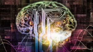 Die grafische Darstellung symbolisiert das menschliche Gehirn. Im Gehirn befinden sich viele kleine Zahnräder. Außerdem erkennt man Wellenlinien aus Nullen und Einsen und Datenbahnen. Alle Zusammen sollen die Komplexität und Vernetztheit des Gehirns darstellen.