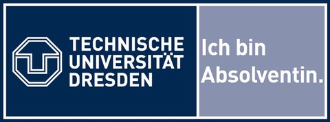 Dargestellt ist die Wort-Bild-Marke der TU Dresden mit Logo und Name, daneben der Schriftzug "Ich bin Absolventin.".