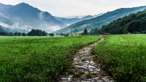 Ein Weg führt durch eine grüne Wiese in einem Tal, im Hintergrund liegt Nebel zwischen Bergen.