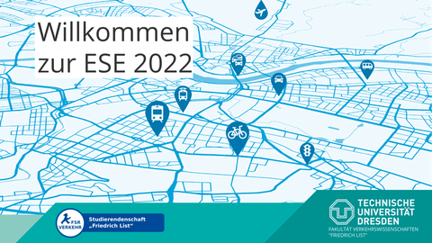 Stadtplan von Dresden mit hervorgehobenen Verkehrsmitteln als Hintergrund zum Begrüßungsschriftzug "Willkommen zur ESE 2022"