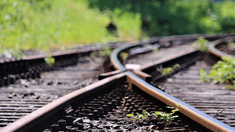 Zwei Schienenstränge treffen aufeinander und werden mit einer Weiche verbunden. Rundherum an der Strecke ist Buschwerk.