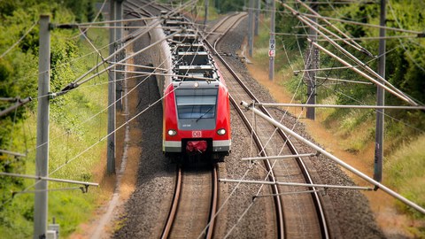 Eine S-Bahn der Deutschen Bahn fährt durch ein gebiet mit Büschen und Bäumen.