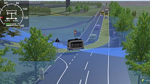 Grafik einer langen Straße. Ein automatisierter Bus bieht ab.