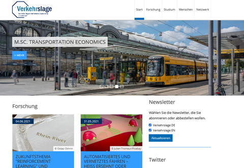Ein Screenshot einer Website. Oben ist ein Bild mit einer Tram vor einem bahnhof, darunter text- und Fotoboxen.