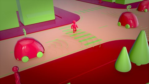 Grafik, auf der 2 rote Autos autonom fahren, dazwischen ein Fußgänger, der über Sensoren wahrgenommen wird.