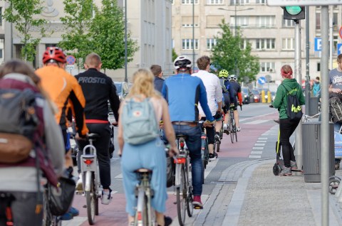 Rückenansicht von vielen Radfahrenden, die Hinter- und nebeneinander auf einem Radweg in einer Stadt fahren.