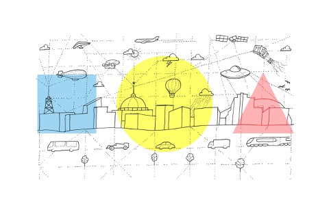 Grafik einer Stadt mit verschiedenen Verkehrsmitteln zu Land und in der Luft. Diese sind durch Linien miteinander verbunden.