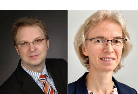 Zwei Porträts, ein Mann und eine Frau, beide tragen Brille