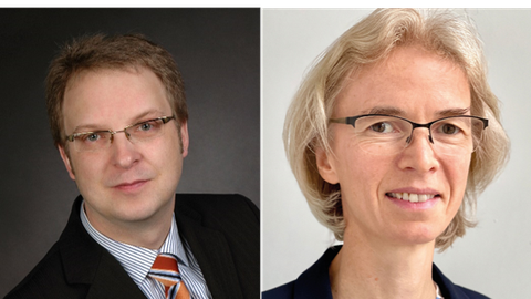 Zwei Porträts, ein Mann und eine Frau, beide tragen Brille