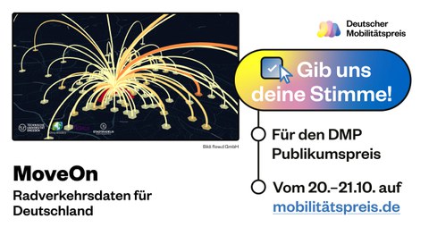 Ein Banner zeigt das Logo des Projekts MoveOn und den Schriftzug: "Gib uns deine Stimme – mobilitätspreis.de"