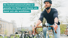 A man is riding a road bike. Behind him you can see trees, a building and many parked bicycles. One caption reads, "As a transportation scientist, I redesign places and spaces to make everyone feel comfortable."