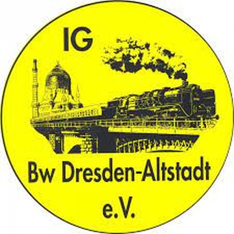 Auf gelbem Untergrund ist ein schwarze Logo mit der Dresdner Yenidze und einer Dampflok zu sehen.
