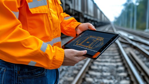 Ein Mann steht mit einem Tablet an einer Eisenbahnschiene.