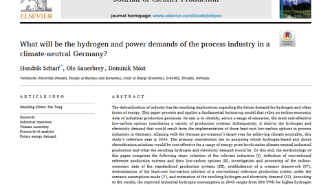 Screenshot Paper "What will be the hydrogen and power demands of the process industry in a climate-neutral Germany?"