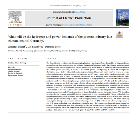 Screenshot Paper "What will be the hydrogen and power demands of the process industry in a climate-neutral Germany?"