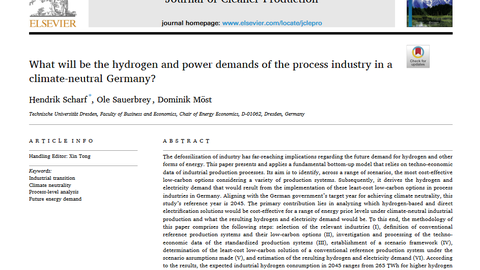 Screenshot Paper "What will be the hydrogen and power demands of the process industry in a climate-neutral Germany?"