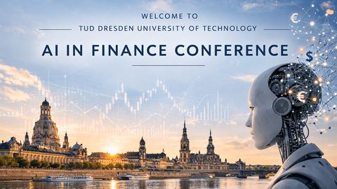 An AI robot looks at Dresden skyline. AI and finance symbols in the background.