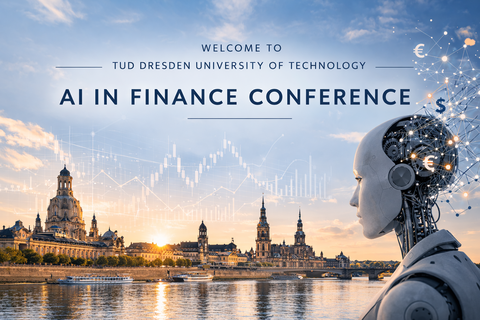 An AI robot looks at Dresden skyline. AI and finance symbols in the background.