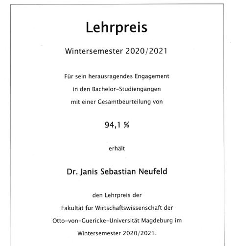 Lehrpreis der OVGU für Janis Neufeld