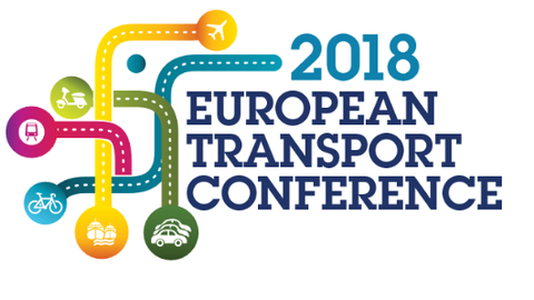 Logo European Transport Conference: links bunte Verbindungen wie Straßen zu Knoten. Rechts befindet sich der Schriftzug "2018 European Transport Conference".