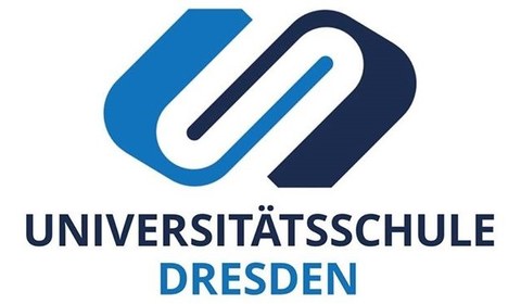 Logo of the university school Dresden. Two U's interlocking in 2 different shades of blue. Underneath the logo "Universitätsschule Dresden" in two different shades of blue.