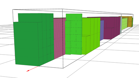Unterschiedliche rechteckige Formen in unterschiedlichen Farben soll das Auftürmen von Transportgut in einem Container darstellen. 