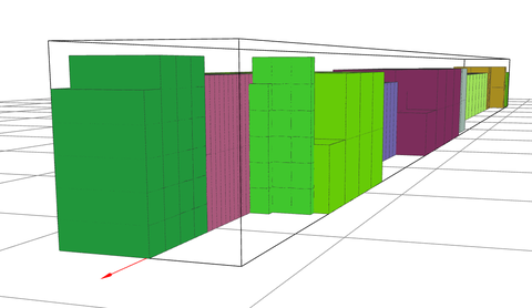 Unterschiedliche rechteckige Formen in unterschiedlichen Farben soll das Auftürmen von Transportgut in einem Container darstellen. 