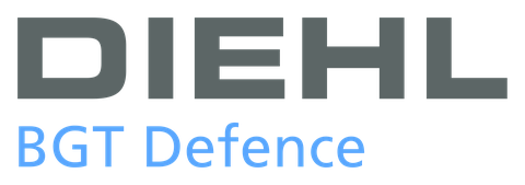 Diehl BGT Defence logo. Diehl with grey lettering on top and BGT Defence in blue lettering below.