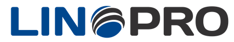 Logo LinoPro consisting of the lettering "LIN" in blue, in the middle a circle in blue with 2 grey lines and lettering "PRO" in black (left).