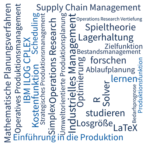 Wordcloud mit Begriffen der Module des Lehrstuhls.