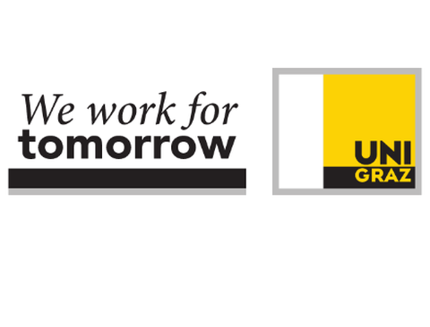 Das Logo der Universität Graz mit dem Schriftzug "We work for tomorrow" und "UNI GRAZ" in schwarz-gelber Färbung.